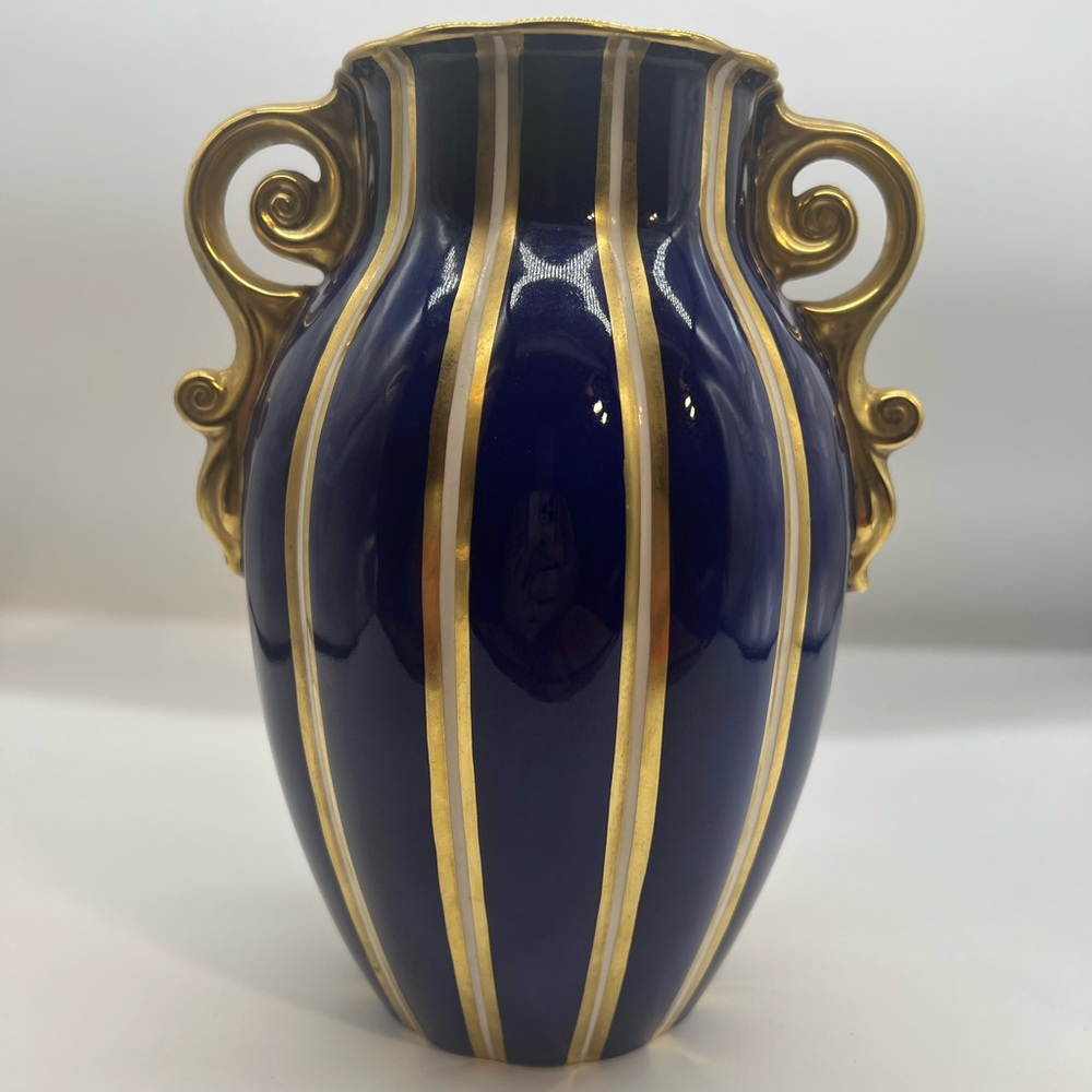 Vintage Wade Empress Cobalt Blue Vase with Gold Accents and Ornate Handles